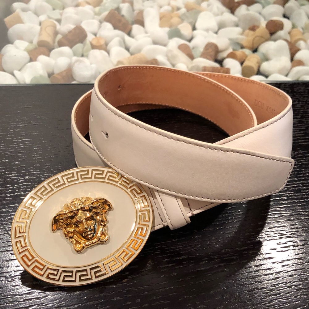 Versace white leather oval medallion belt